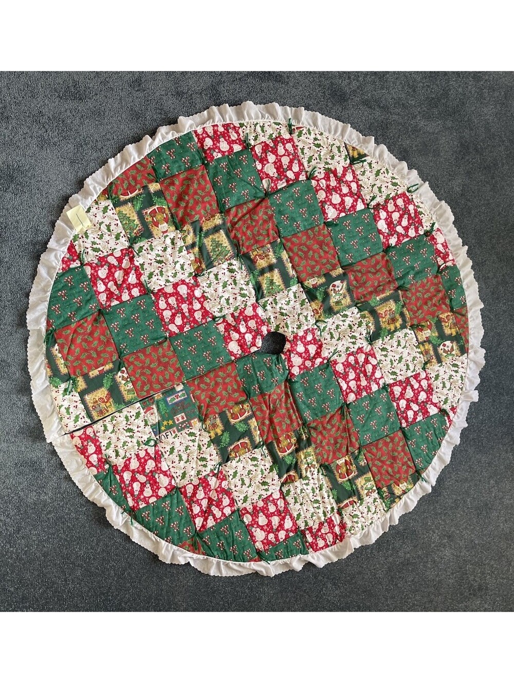 Handmade Quilted Christmas Tree Skirt w/ Lace Edge,  60" Diameter